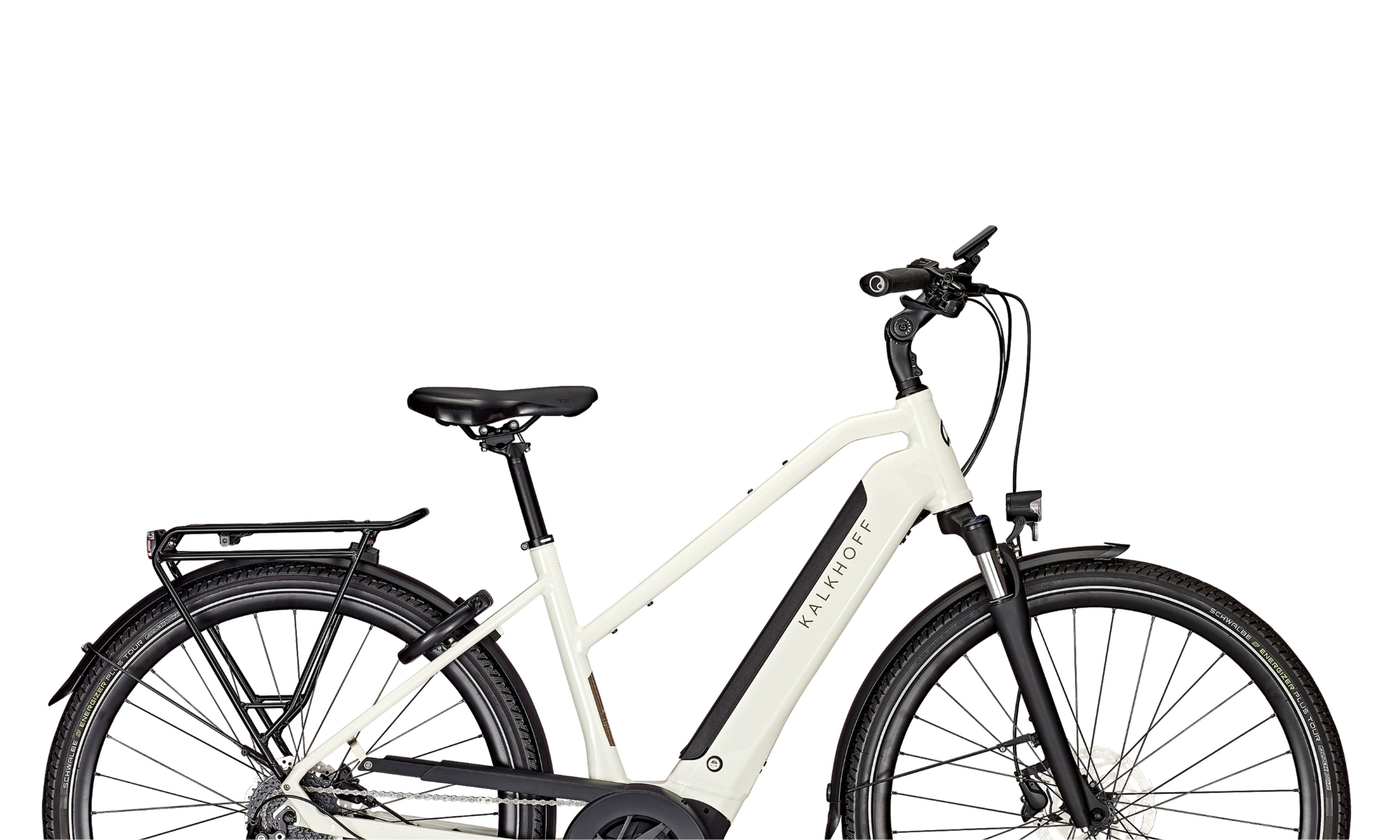 Weißes Fahrrad mit Trapezrahmen auf weißem Hiuntergrund