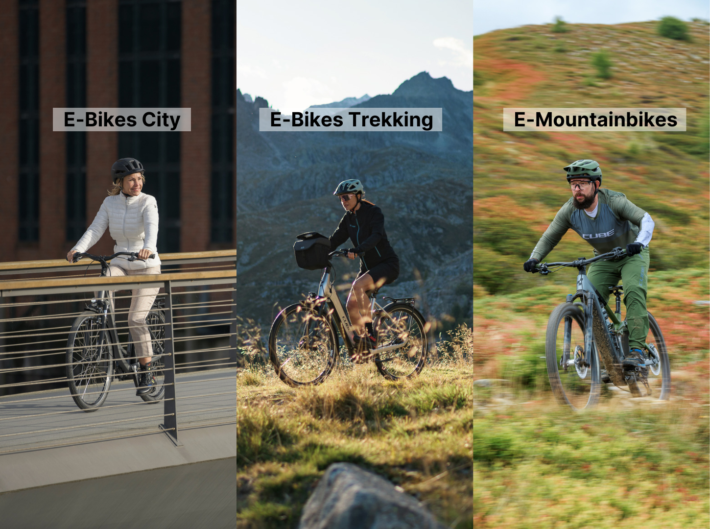 Lifestyle-Fotos-drei-E-Bike-Kategorien_E-Bikes-City_E-Bikes-Trekking_E-Mountainbikes Links fährt eine Frau ECity Bike in der Stadt in der Mitte eine ETrekking Fahrerin über einer Wiese  und rechts ein EMountainbiker in den Bergen