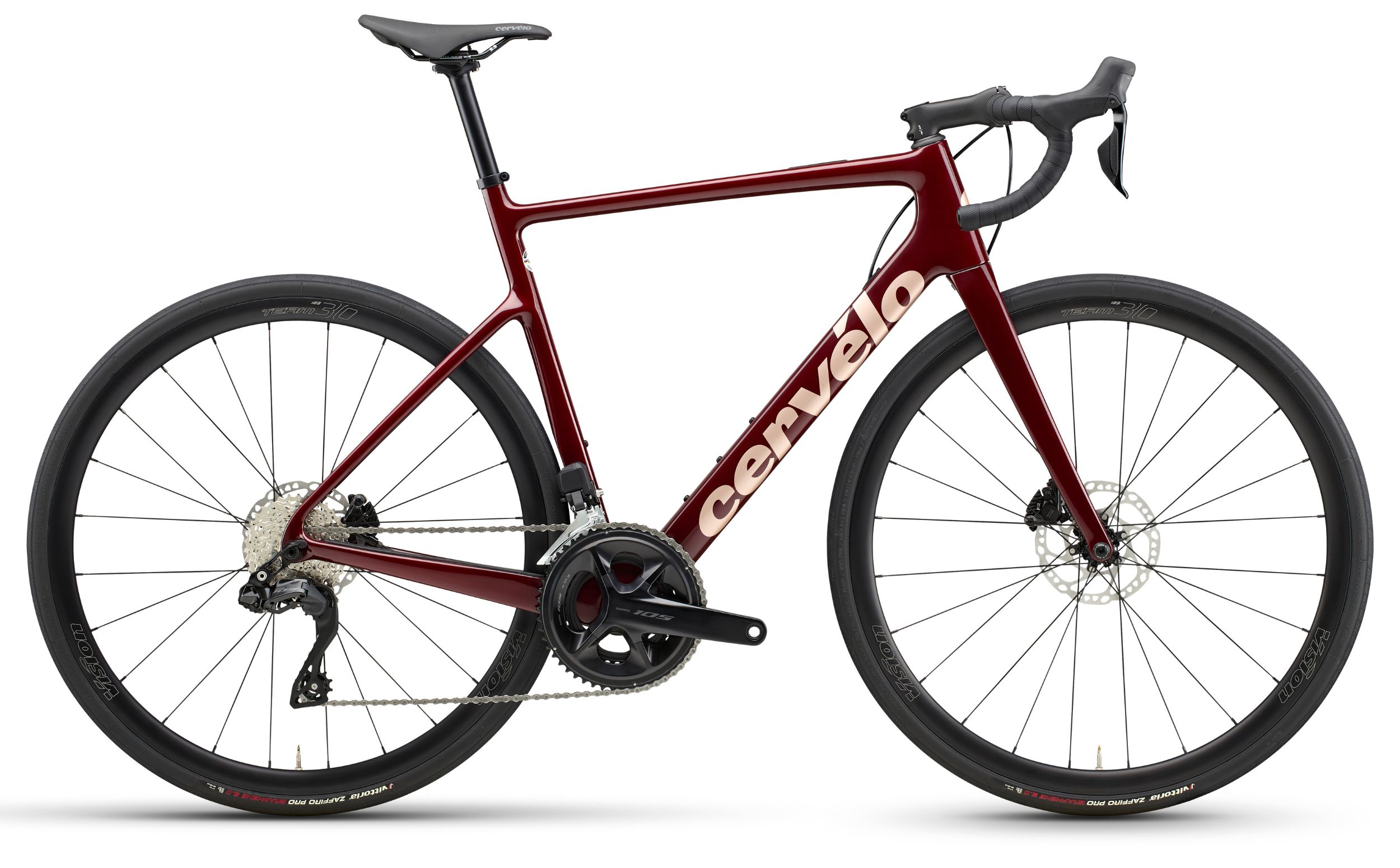 Cervélo Caledonia 105 Di2 dunkelrot mit bronze Schrift Seitenansicht rechts