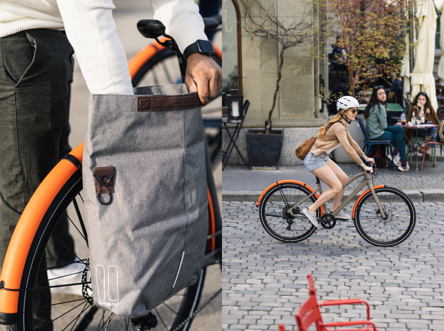 Zweiteiliger Bildausschnitt: Links eine graue Fahrradtasche an einem BMC 257 mit orangem Schutzblech, rechts eine Frau in sommerlicher Kleidung fährt das BMC 257 durch eine Altstadtstraße mit Café im Hintergrund.