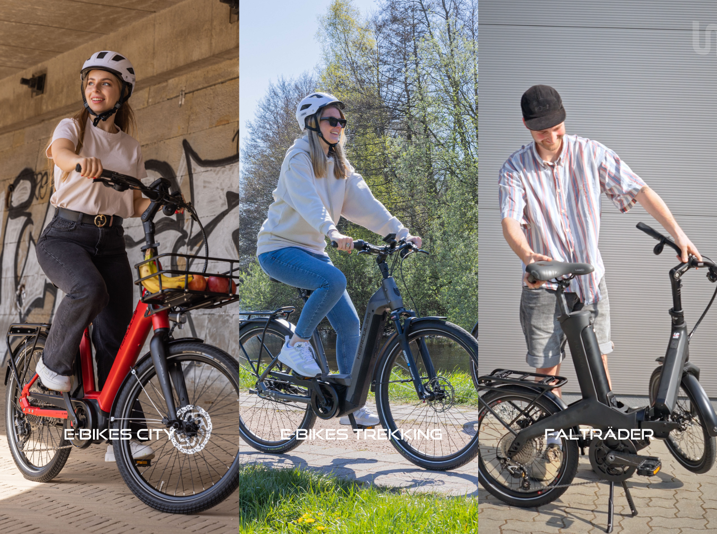 Drei Lifestyle Fotos von einzelnen Radfahrern die mit Hercules EBikes unterwegs sind City Trekking und Faltrad