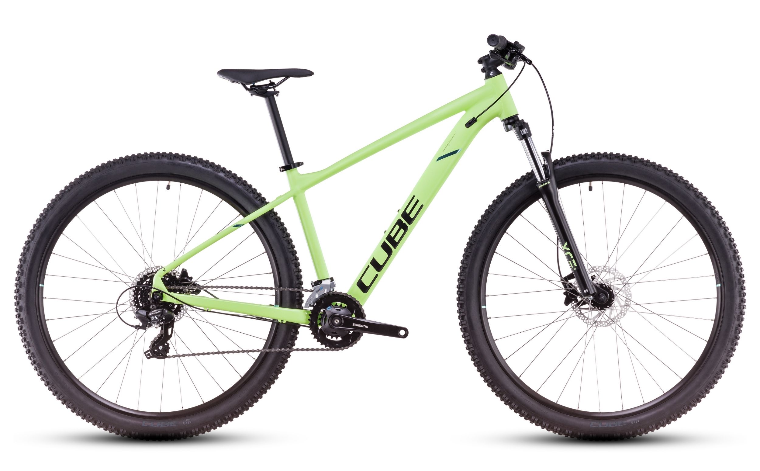 Hardtail-Mountainbike Cube Aim One 27,5 Zoll in Limettengrün, Seitenansicht auf weißem Hintergrund.