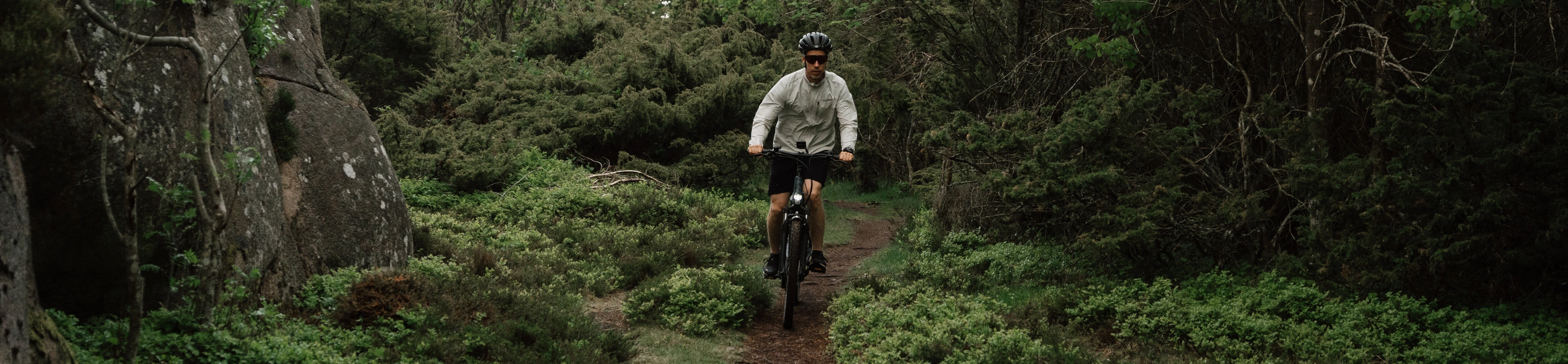Ein Mann fährt mit seinem Kalkhoff E-Bike durch einen dunklen Wald Richtung Kamera